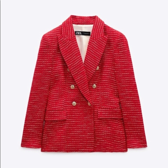 Red, textured double breasted blazer from Zara - NWT - Picture 6 of 14
